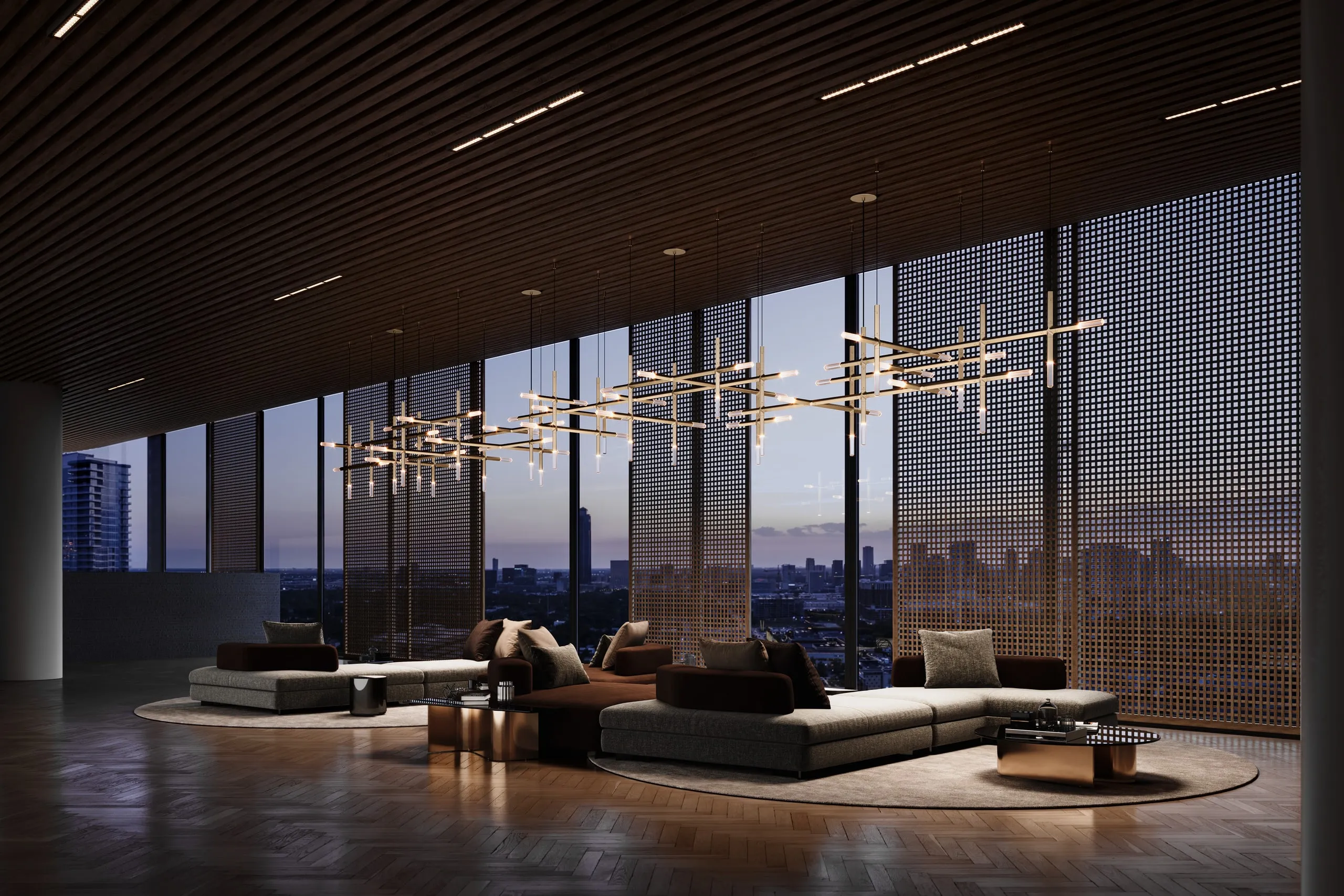 JAX Edition chandeliers in a long lounge with a timber slatted ceiling and city windows