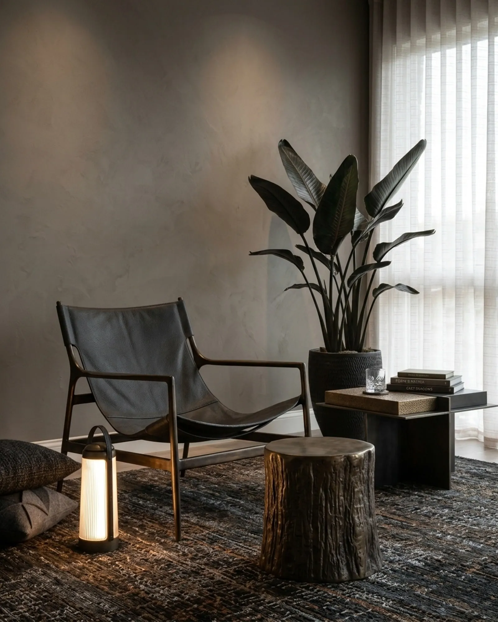 A Passage Lantern beside a leather chair and a tree-stump table by a window