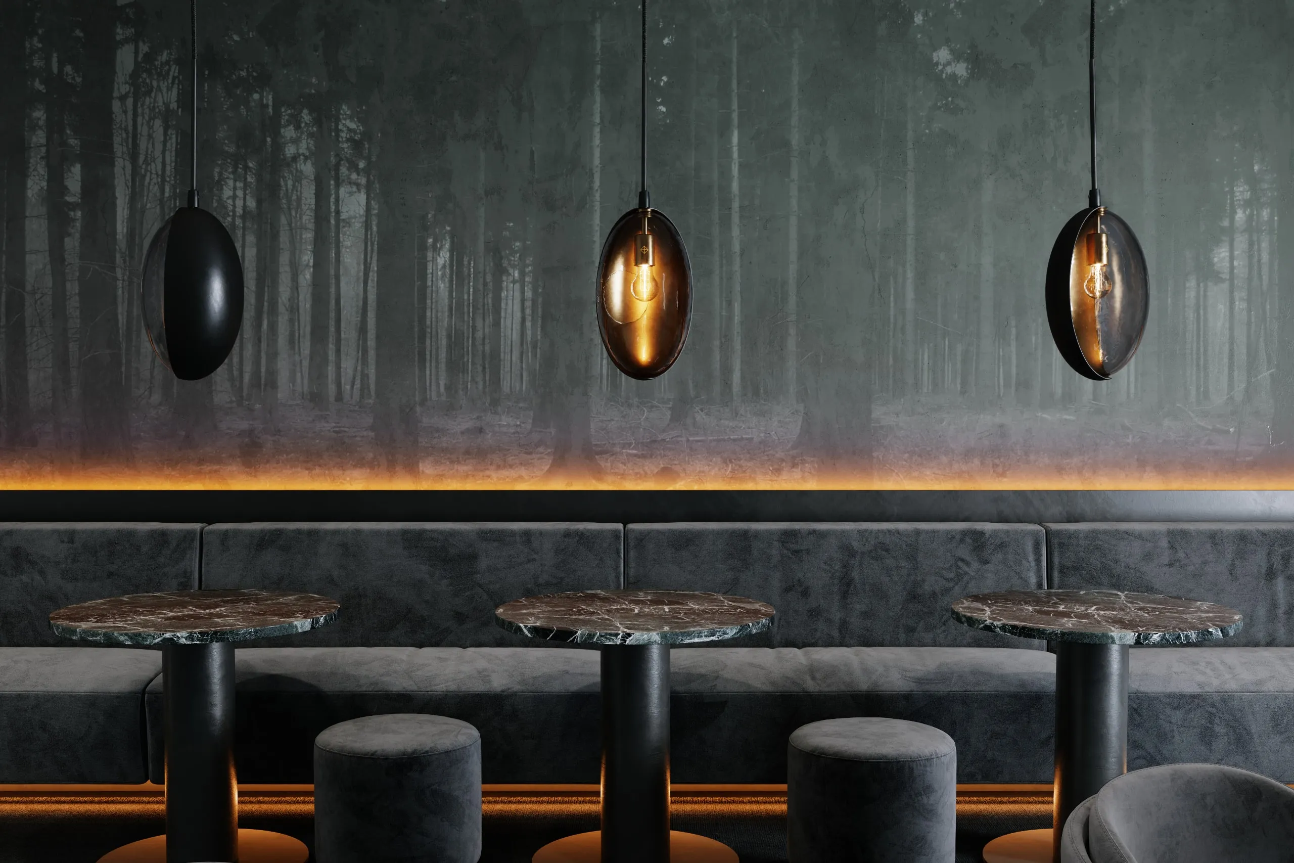 Three Oona pendants over the tables of a dark lounge with a forest mural